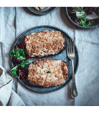 Berenjena a la boloñesa vegana de quinoa con bechamel de coliflor