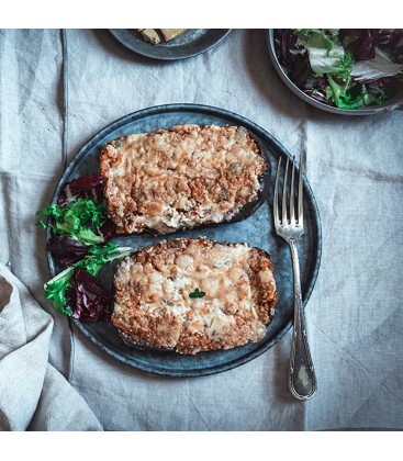 Berenjena a la boloñesa vegana de quinoa con bechamel de coliflor