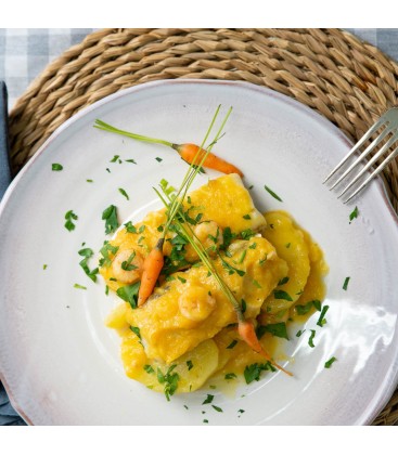 Merluza al cava con gambas