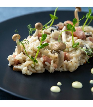 Risotto de champiñones con bacon y parmesano