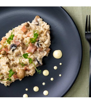 Risotto de champiñones con bacon y parmesano