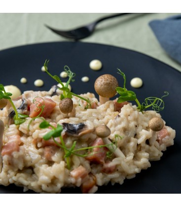 Risotto de champiñones con bacon y parmesano